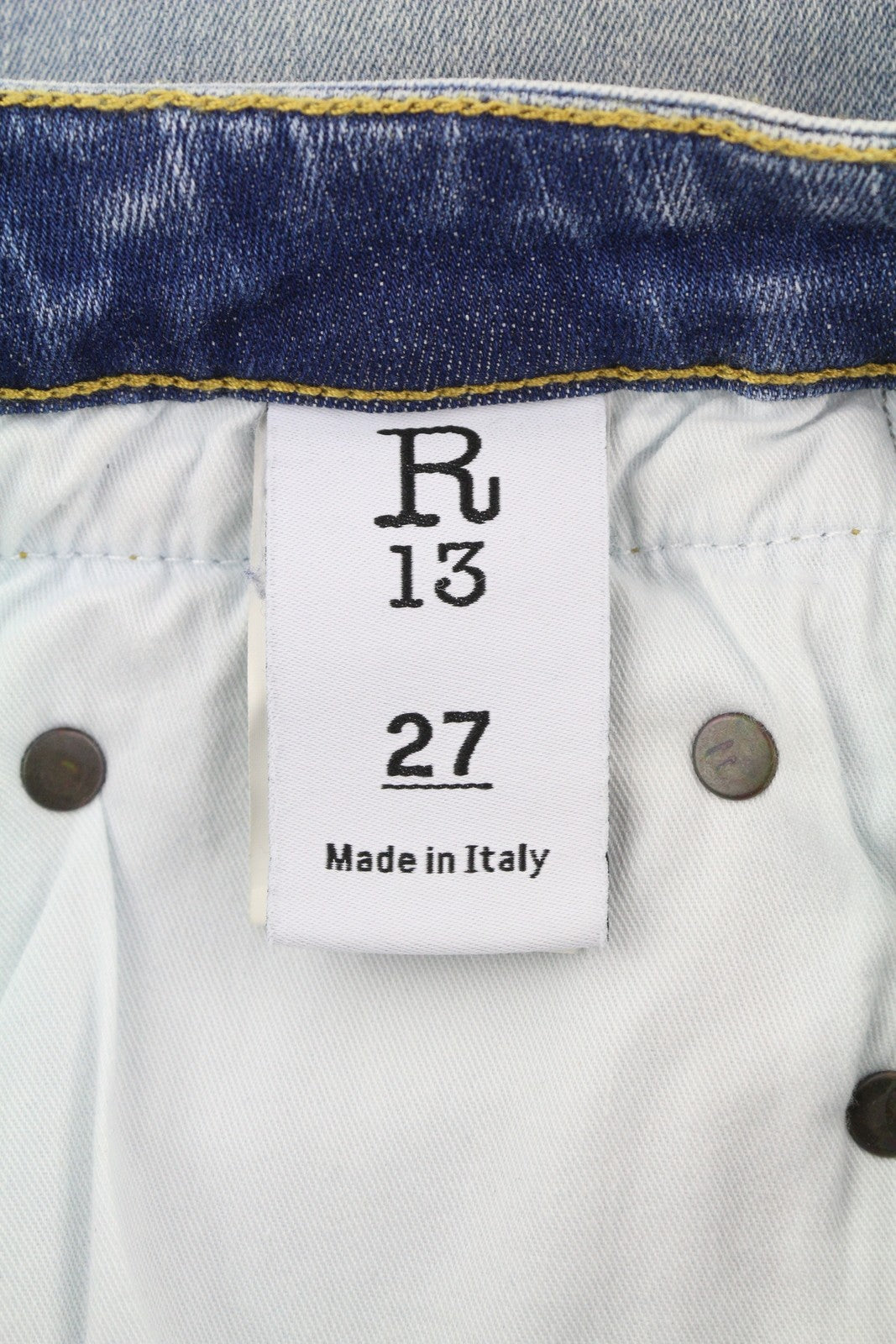 R13 berniukiški aptempti džinsai moterims 27 mėlyni, skalbti, išblukę, iki kulkšnių, trumpinti su užtrauktuku. 