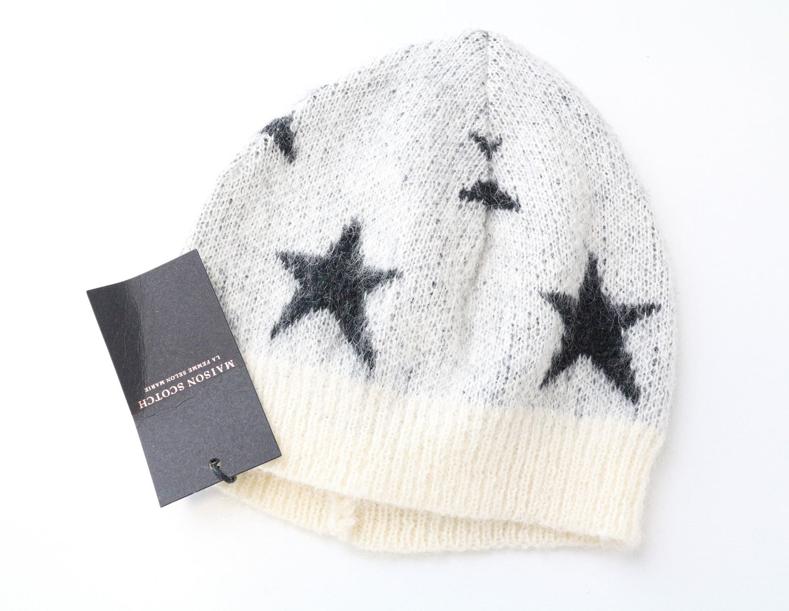 MAISON SCOTCH Women's Hat OS Off-White Beanie Stars Wool Mohair Knit 2 Pack