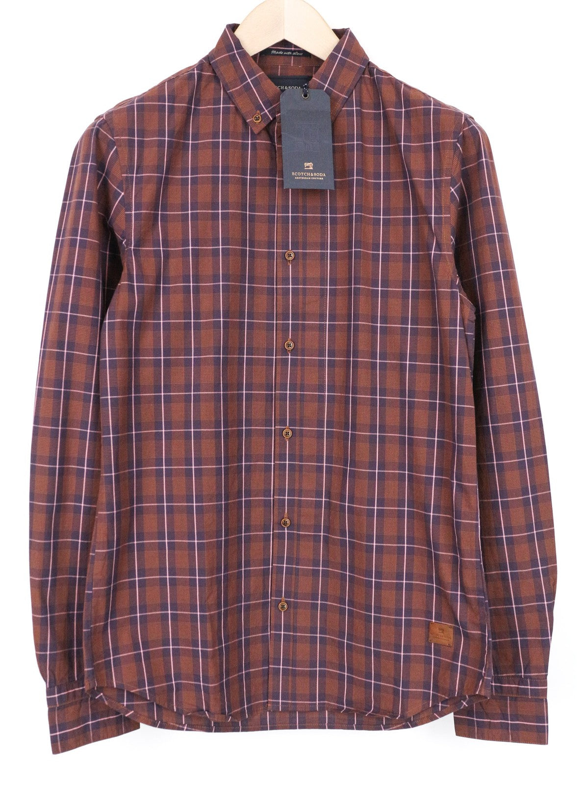 SCOTCH &amp; SODA Ams Couture vyriški marškinėliai S dydžio languotu raštu, violetinės rudos spalvos medvilniniai