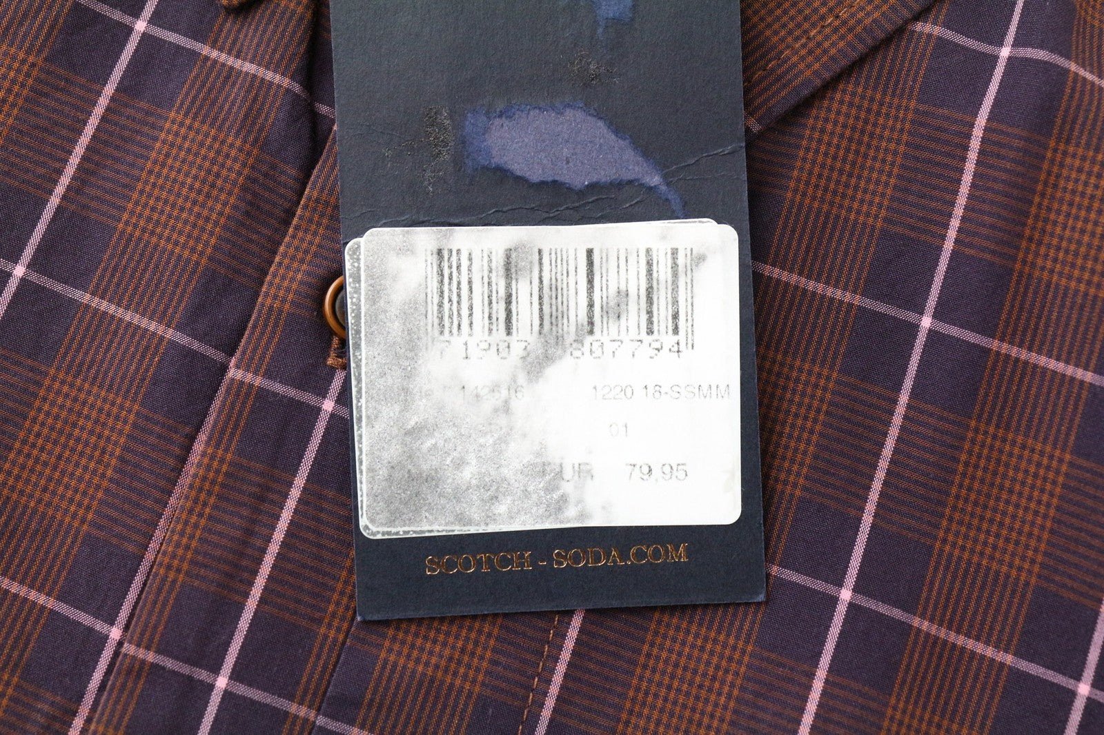 SCOTCH &amp; SODA Ams Couture vyriški marškinėliai S dydžio languotu raštu, violetinės rudos spalvos medvilniniai