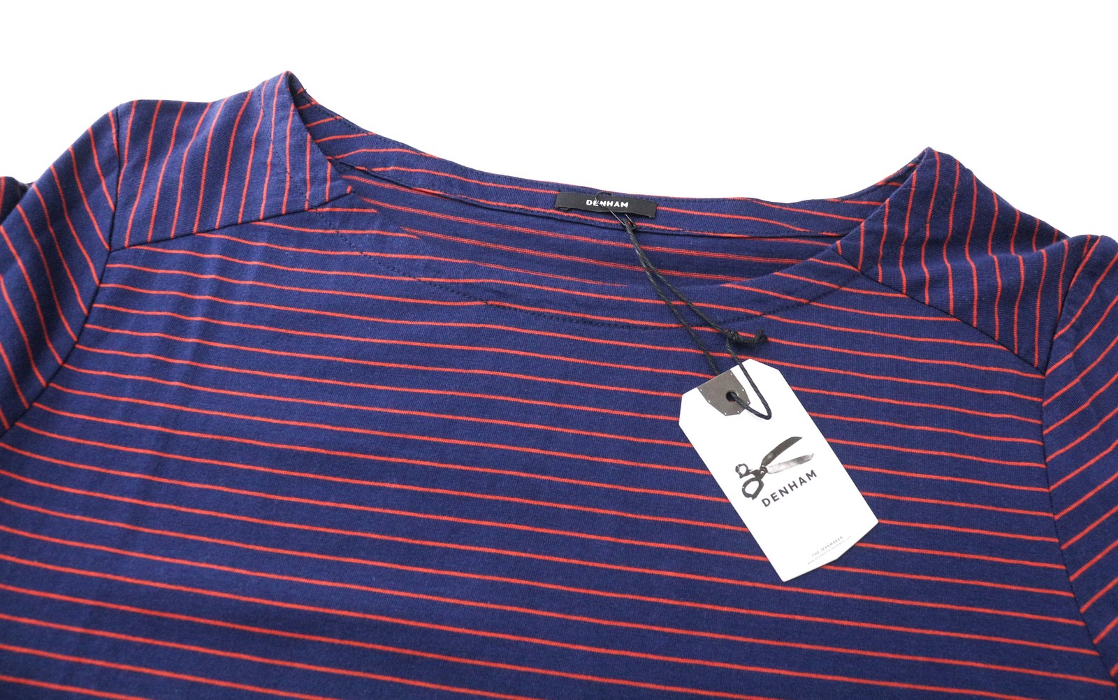 DENHAM Glide moteriški marškinėliai XS dydžio, tamsiai mėlyni, raudoni dryžuoti, medvilniniai ilgomis rankovėmis, laisvalaikio stiliaus 