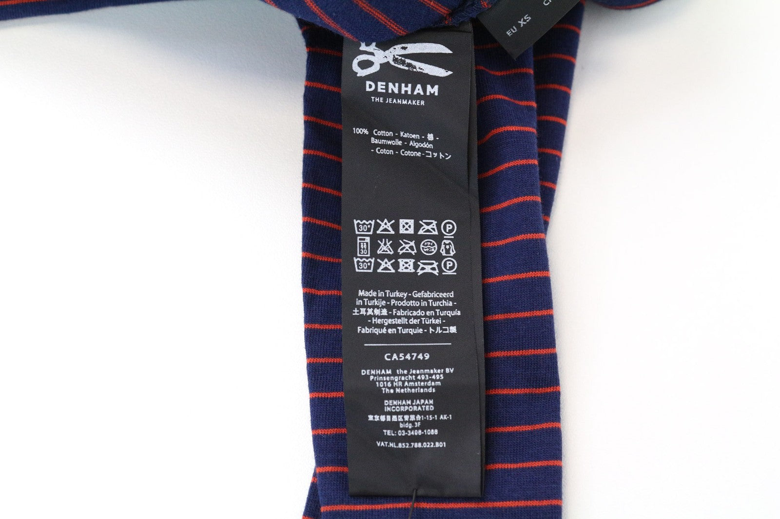 DENHAM Glide moteriški marškinėliai XS dydžio, tamsiai mėlyni, raudoni dryžuoti, medvilniniai ilgomis rankovėmis, laisvalaikio stiliaus 