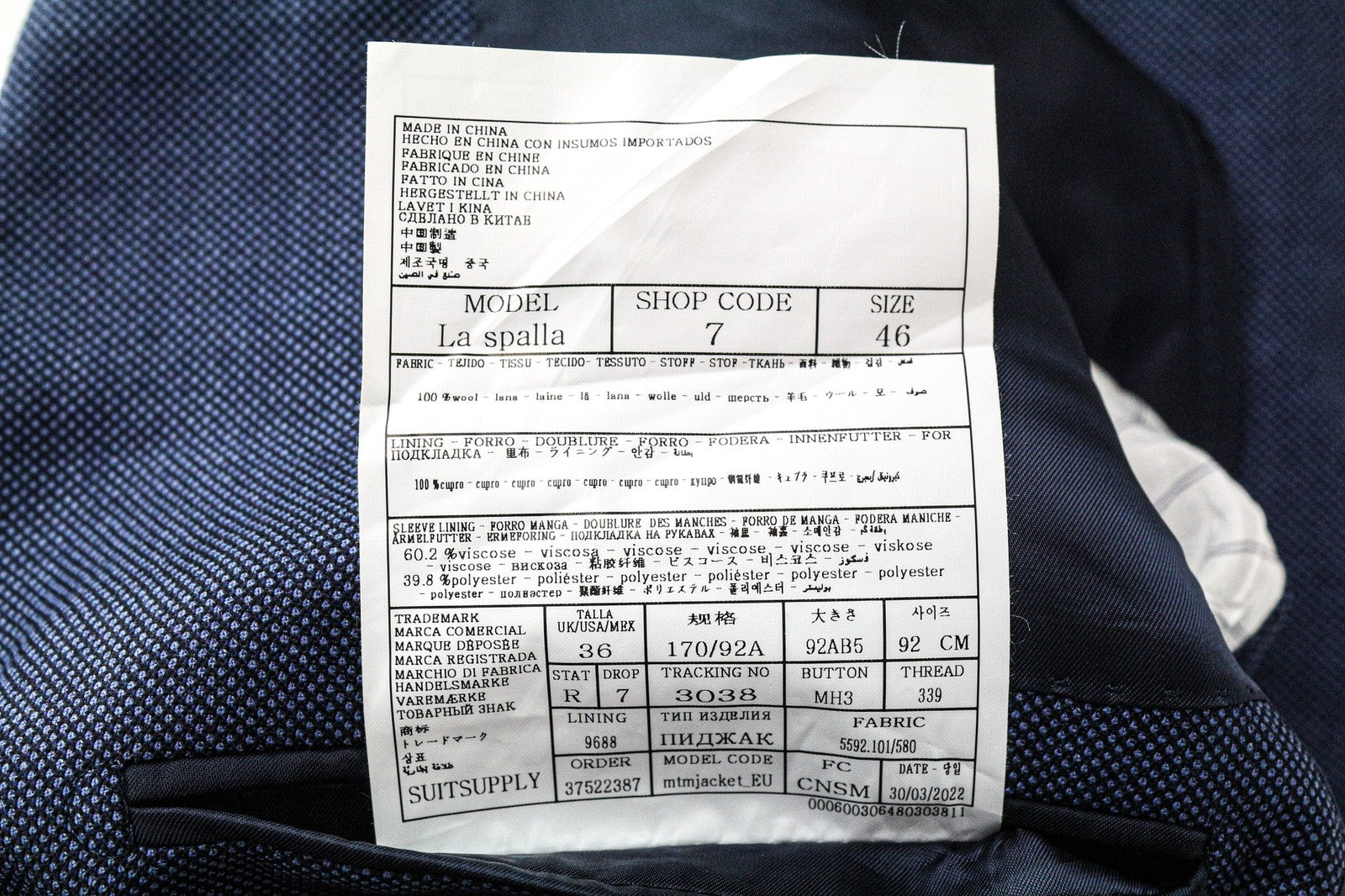 SUITSUPPLY La Spalla vyriškas švarkas, UK36R, mėlynas, vilnonis, vienaeilis, klasikinio kirpimo 