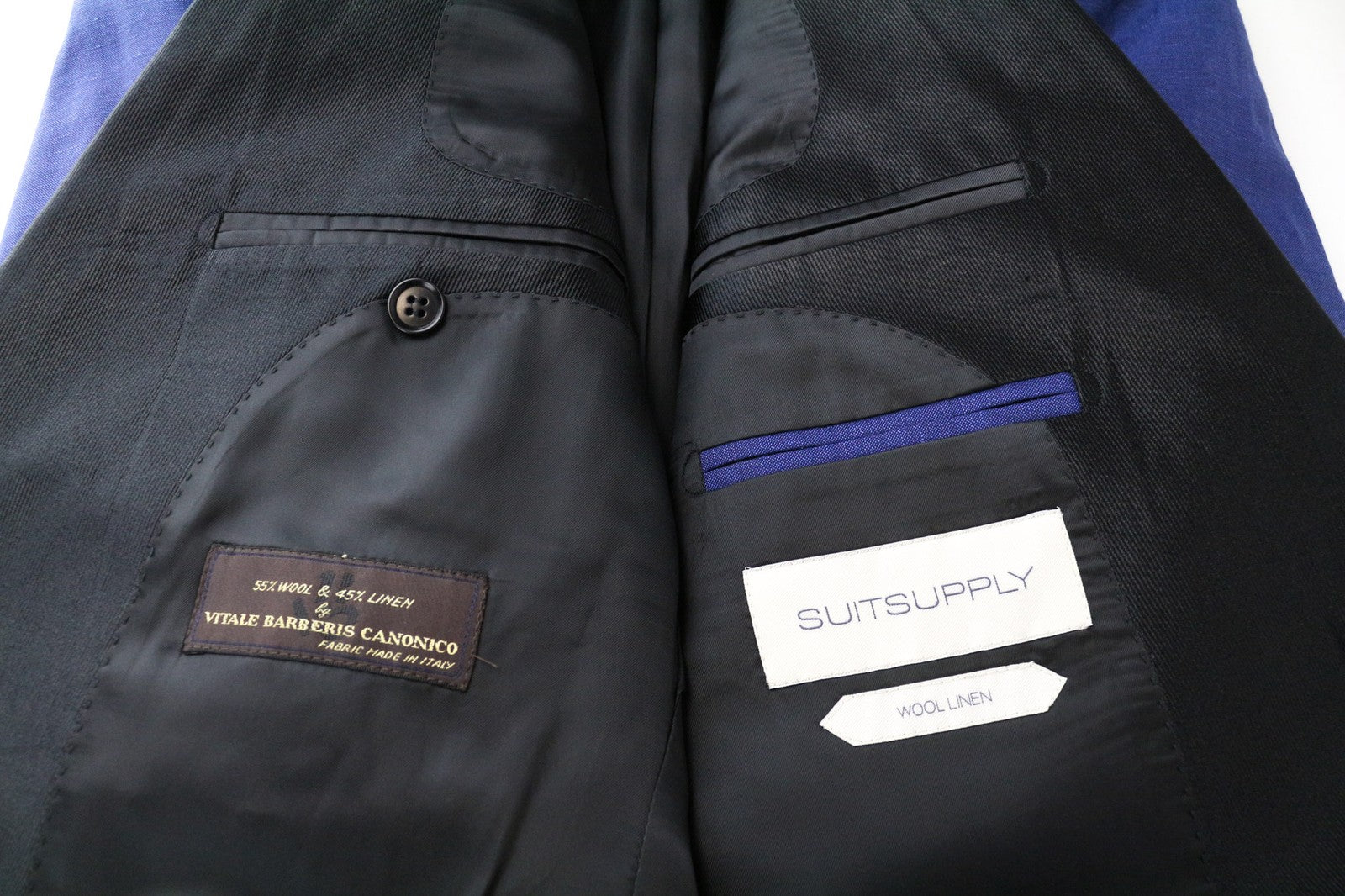 „SUITSUPPLY“ naujas „Verona Tux“ vyriškas švarkas, UK38R, mėlynas, vilnonis, lininis, vienaeilis 