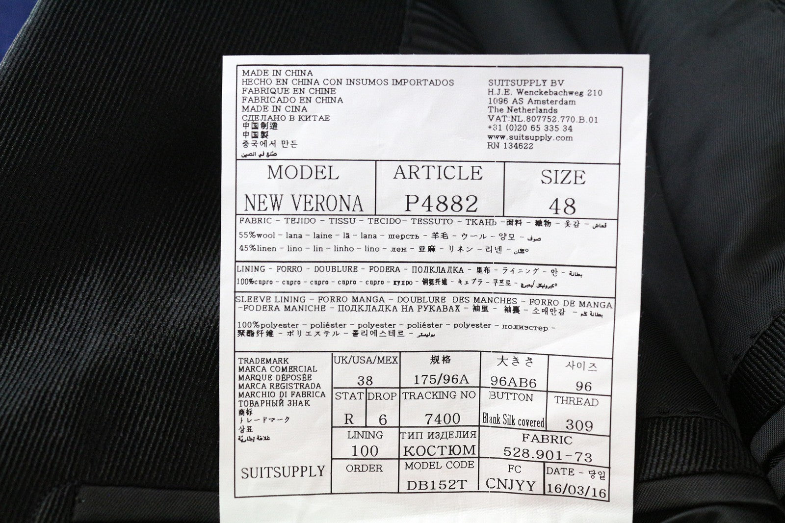 „SUITSUPPLY“ naujas „Verona Tux“ vyriškas švarkas, UK38R, mėlynas, vilnonis, lininis, vienaeilis 