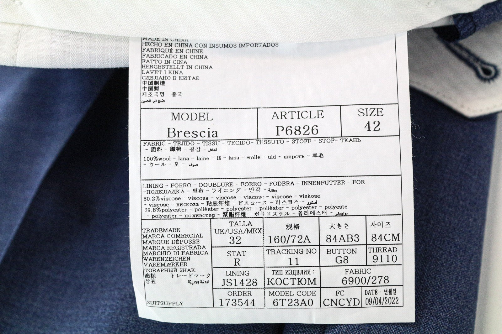 SUITSUPPLY Napoli Men's Suit UK34R Blue Wool Super 110's Lined 2 Piece Classic