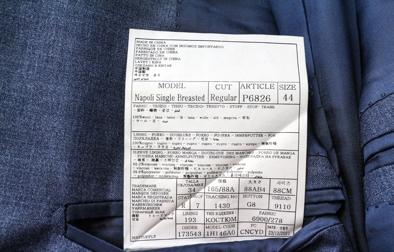 SUITSUPPLY Napoli Men's Suit UK34R Blue Wool Super 110's Lined 2 Piece Classic