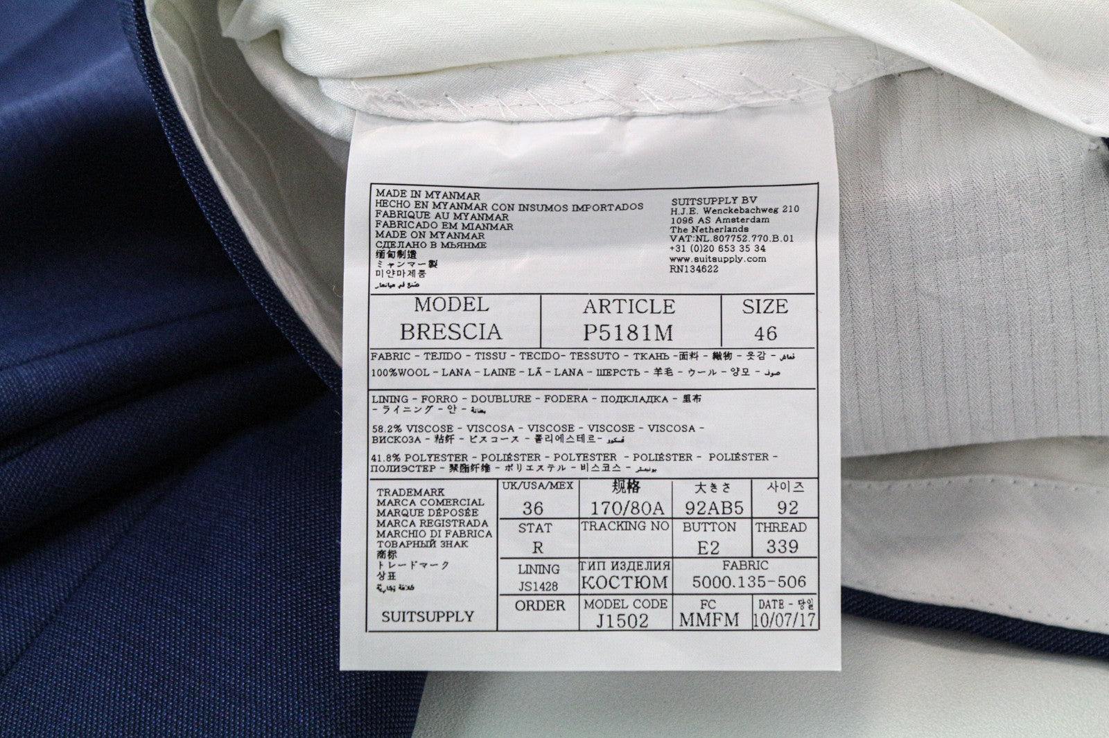 SUITSUPPLY Napoli Men's Suit UK36R Blue Wool Super 110's 2 Piece Single-Breasted