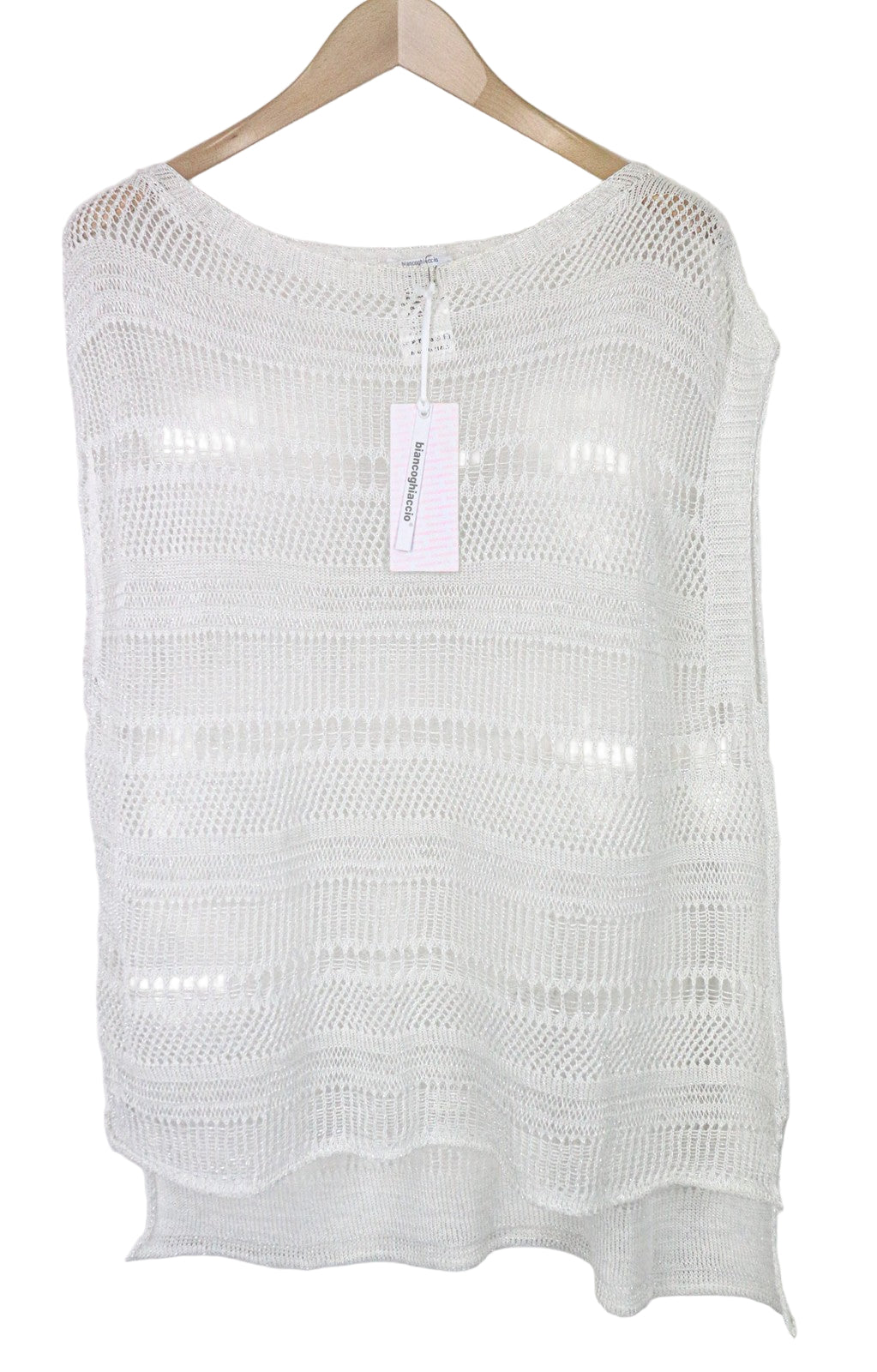 BIANCOGHIACCO moteriški marškinėliai L dydžio sidabriniai be rankovių, medvilnės mišinio permatomo megztinio audinio 