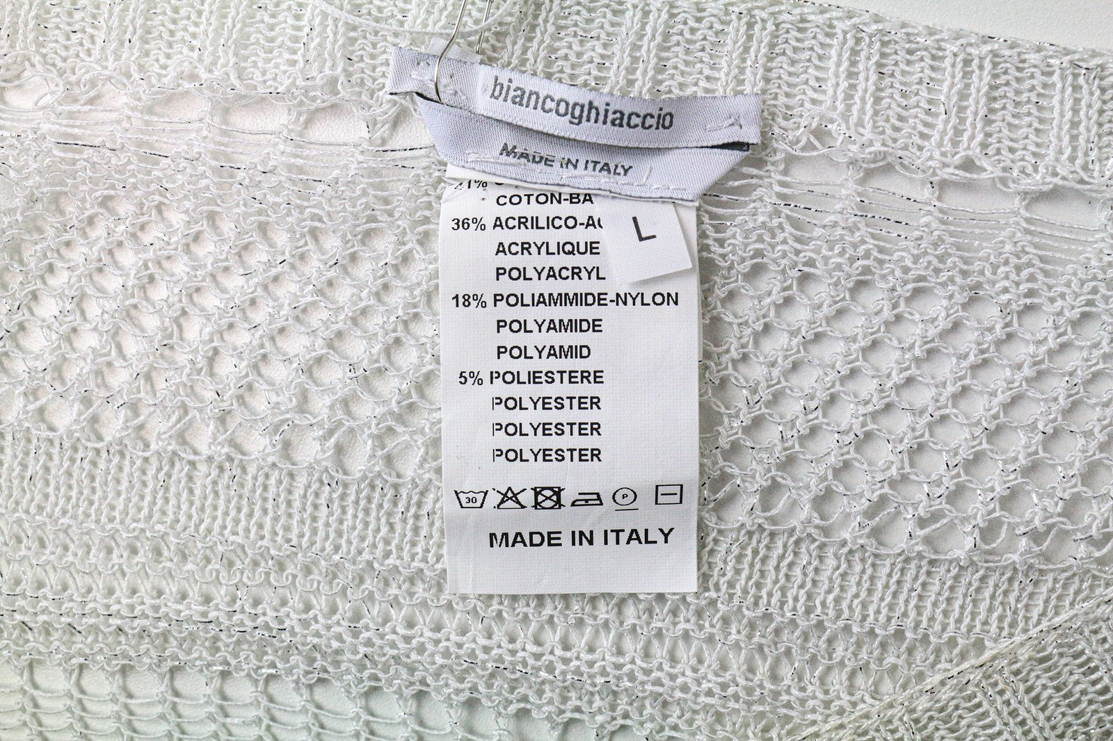 BIANCOGHIACCO moteriški marškinėliai L dydžio sidabriniai be rankovių, medvilnės mišinio permatomo megztinio audinio 