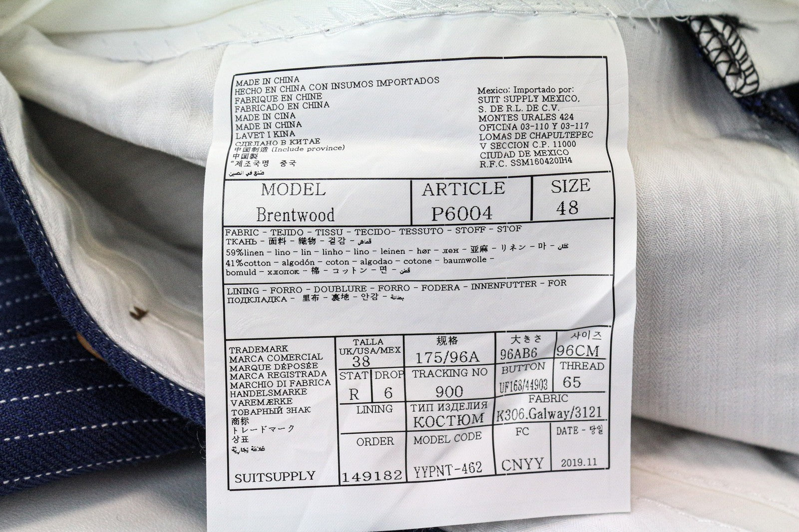 SUITSUPPLY Brentwood vyriškos kelnės, UK38R, mėlynos, klostytos, lininės, medvilninės, dryžuotos 