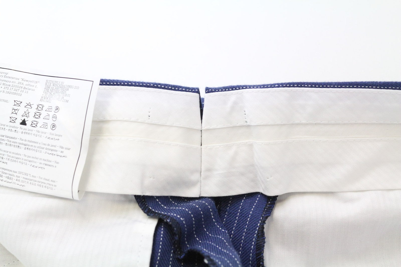 SUITSUPPLY Brentwood vyriškos kelnės, UK38R, mėlynos, klostytos, lininės, medvilninės, dryžuotos 