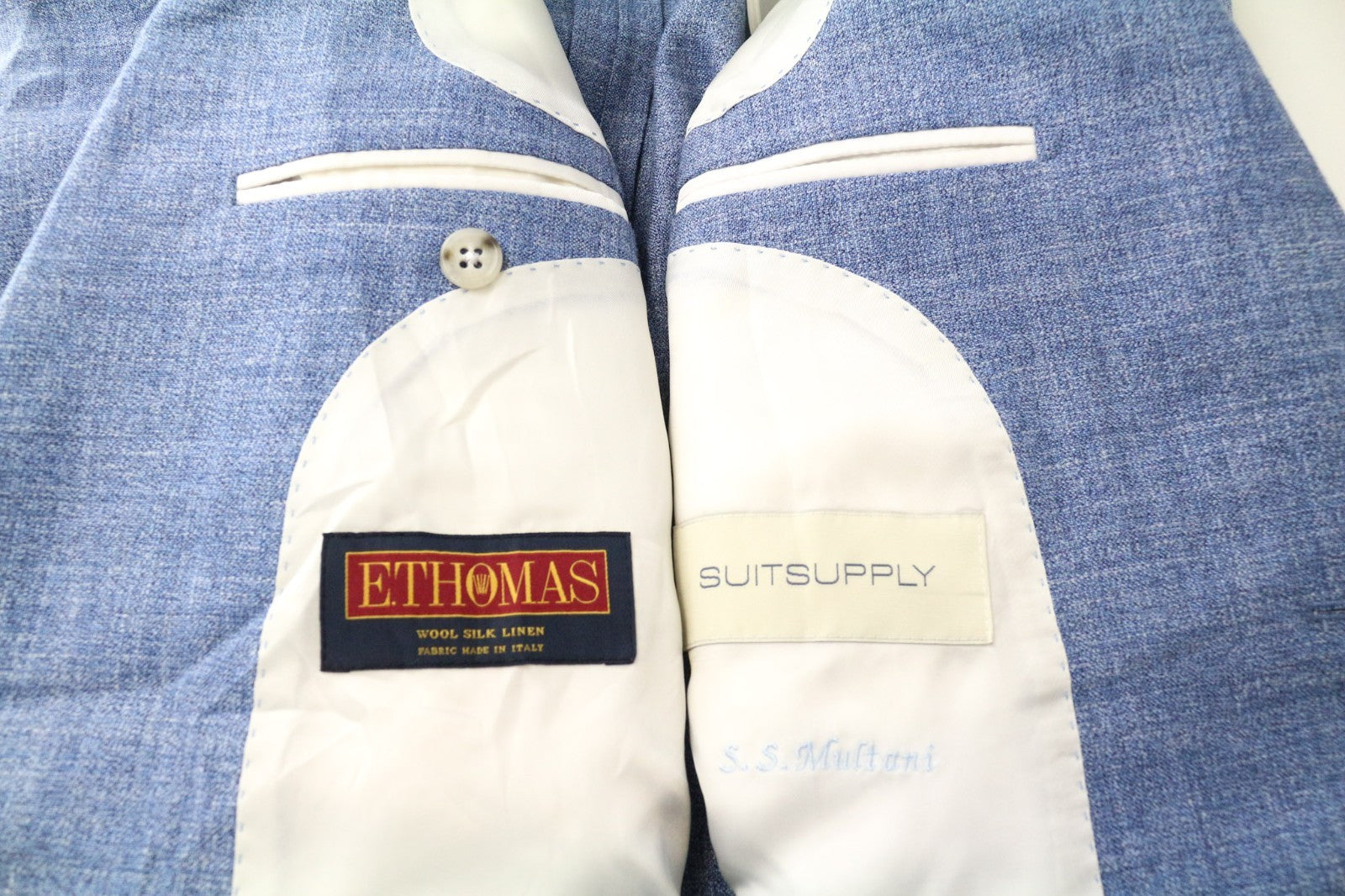 SUITSUPPLY La Spalla Men's Suit UK34R Peak Lapel Blue Wool Silk Linen 2 Piece