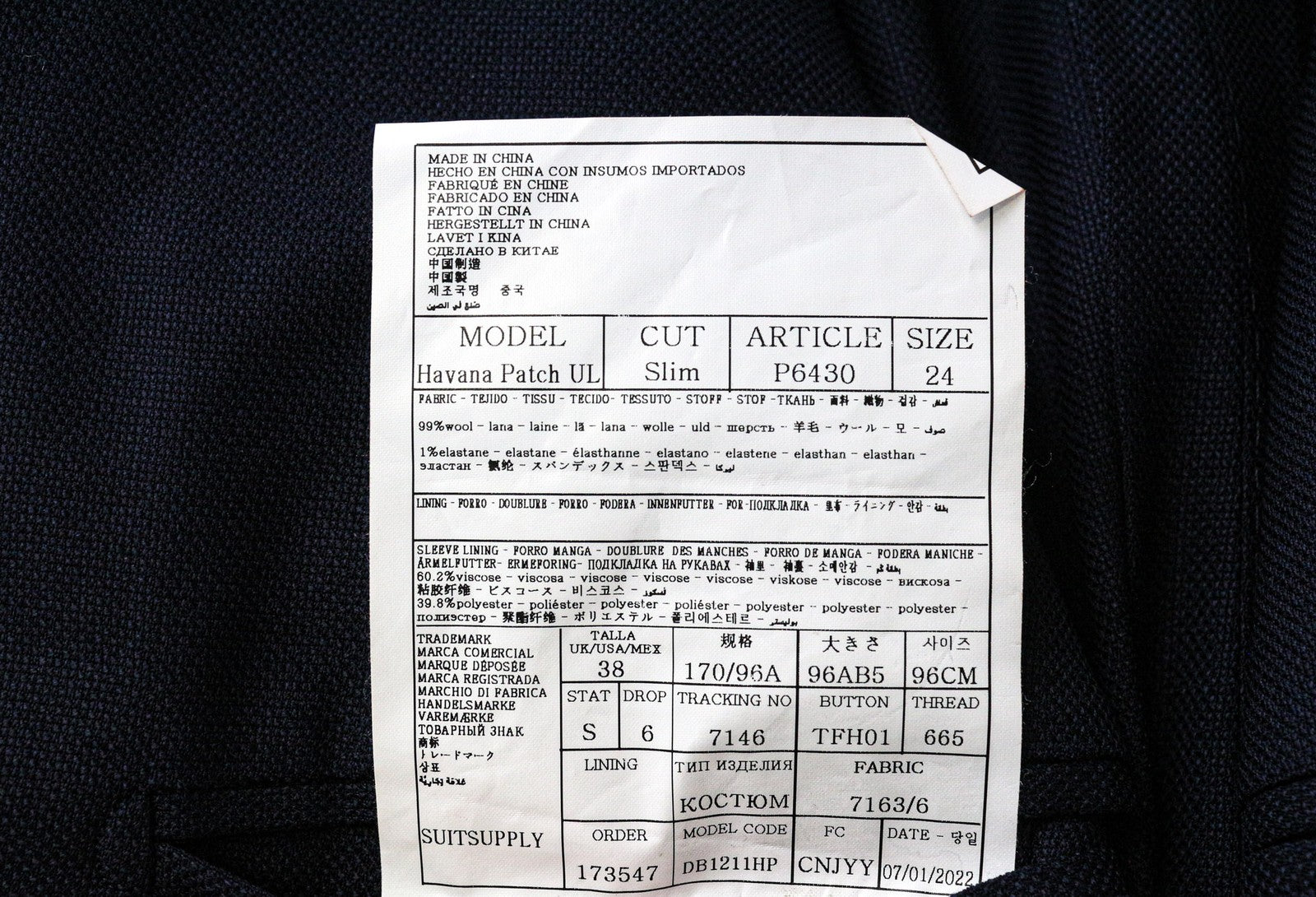 SUITSUPPLY Havana Men's Suit UK38S Slim 2 Piece Blue Formal Wool Stretch Unlined