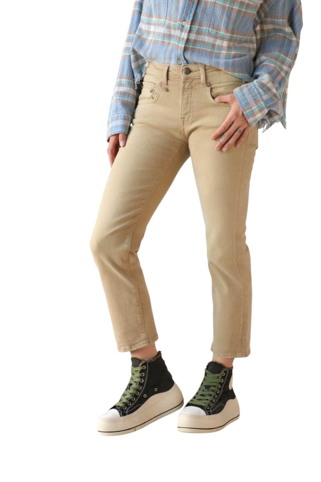 R13 Boy Straight Women Jeans 28 Khaki Stretch Faded Ankled Light Denim RRP€699