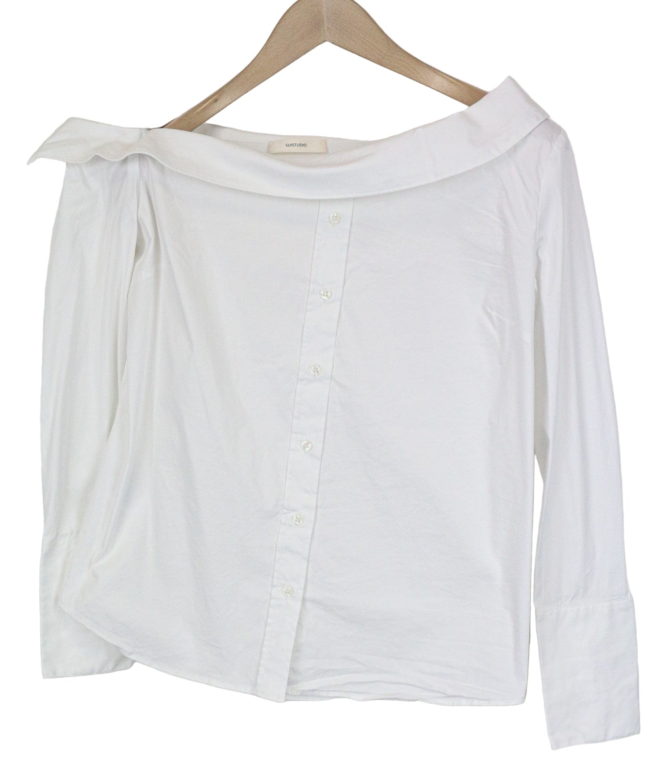 SUISTUDIO Bob moteriški marškinėliai, UK12, balti, ploni, atvirais pečiais, tamprios medvilnės palaidinės su valties formos iškirpte. 