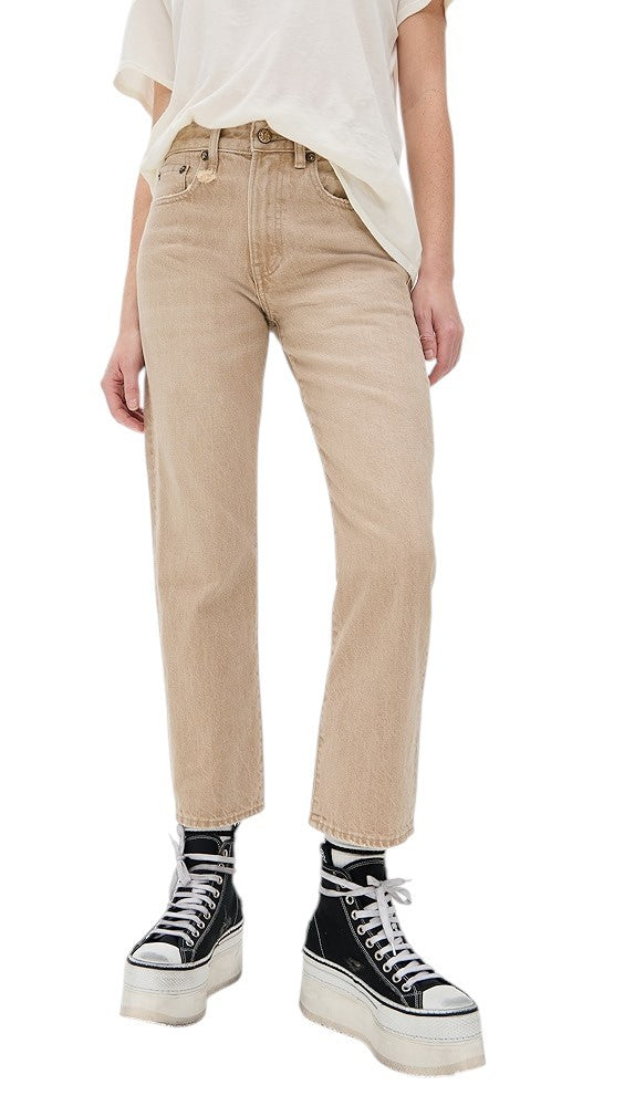 R13 Boy Straight Women Jeans 26 Khaki Stretchy Washed Ankle Length Logo RRP€699