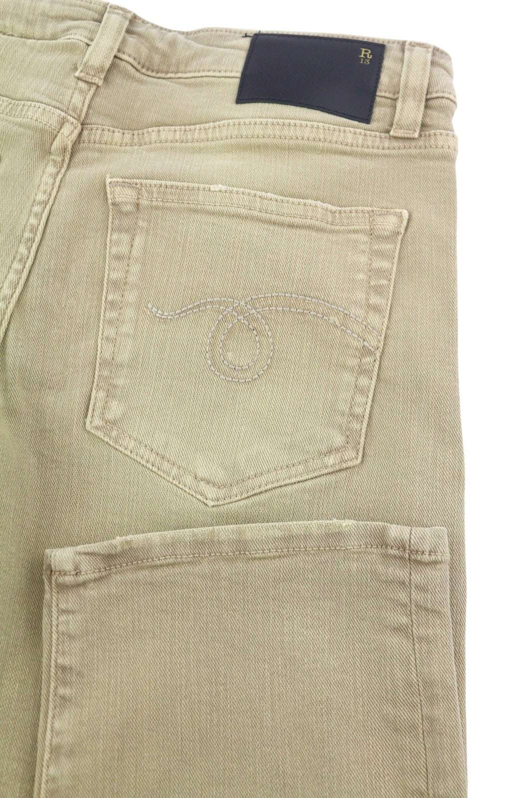 R13 Boy Straight Women Jeans 26 Khaki Stretchy Washed Ankle Length Logo RRP€699