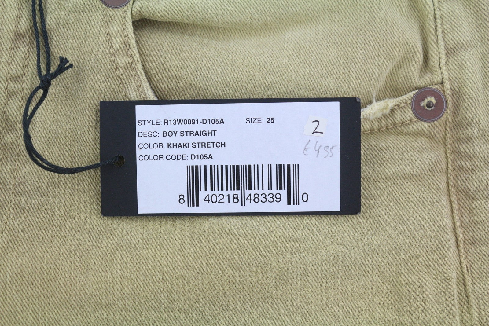 R13 Boy Straight Women Jeans 26 Khaki Stretchy Washed Ankle Length Logo RRP€699