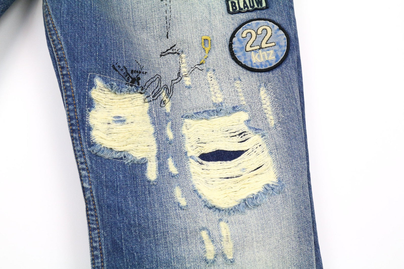 SCOTCH &amp; SODA Fleet vyriški džinsai W33/L34 3D anti-fit mėlyni plėšyti dažyti sagomis 