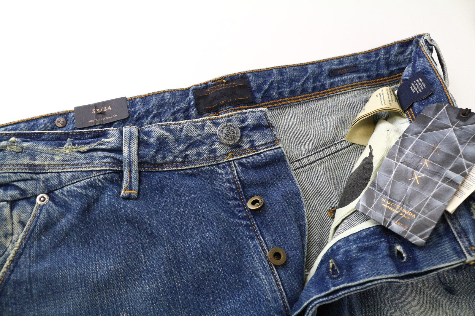 SCOTCH &amp; SODA Fleet vyriški džinsai W33/L34 3D anti-fit mėlyni plėšyti dažyti sagomis 