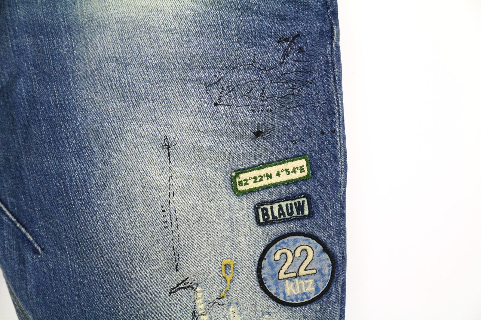 SCOTCH &amp; SODA Fleet vyriški džinsai W33/L34 3D anti-fit mėlyni plėšyti dažyti sagomis 