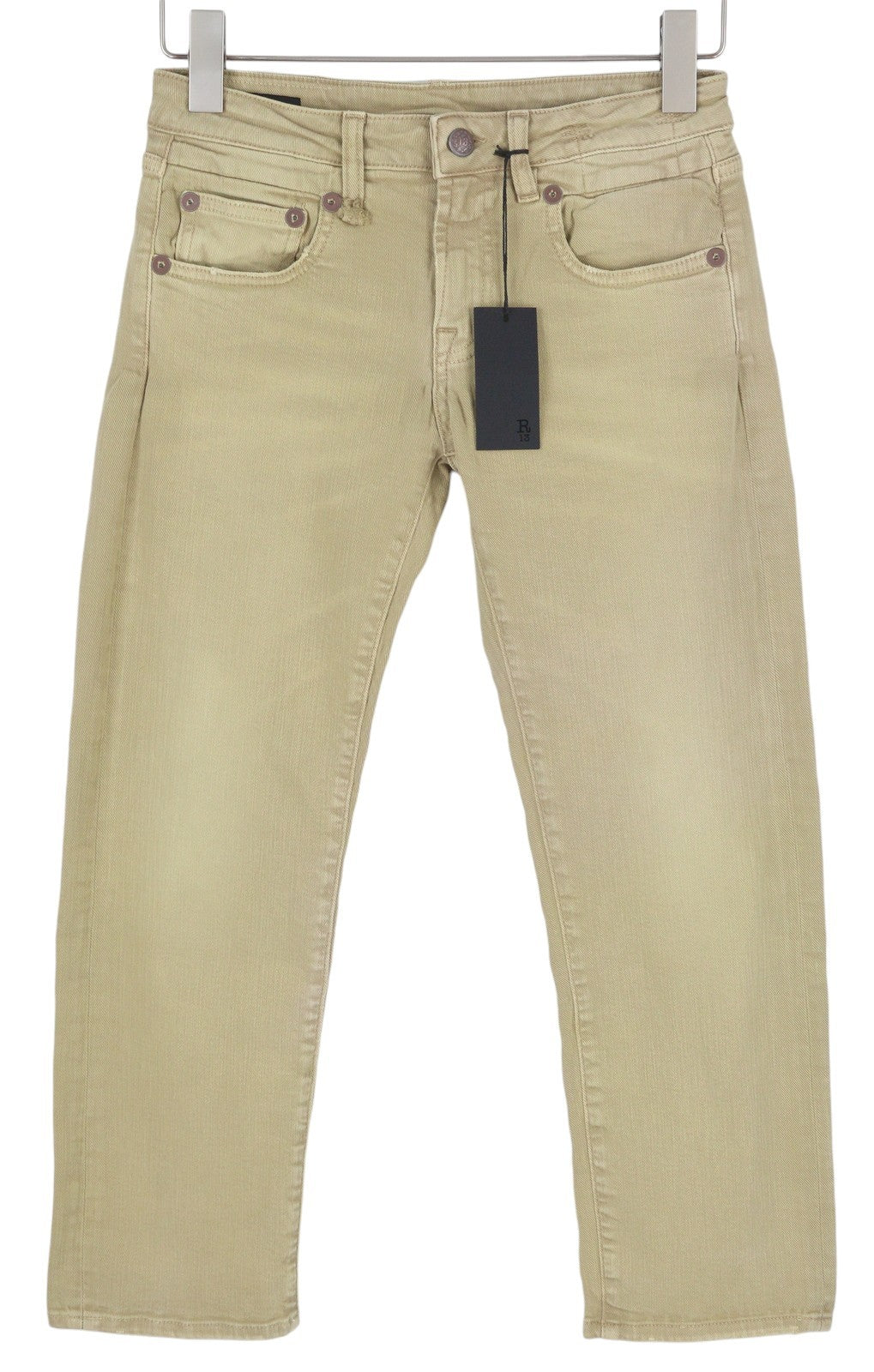 R13 berniukiški tiesūs moteriški džinsai, 25 chaki spalvos, tamprūs, blukinti, iki kulkšnių, laisvalaikio, RRP 699 € 