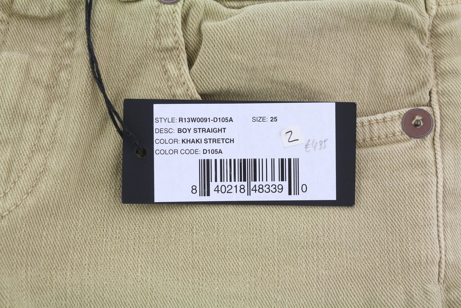 R13 berniukiški tiesūs moteriški džinsai, 25 chaki spalvos, tamprūs, blukinti, iki kulkšnių, laisvalaikio, RRP 699 € 