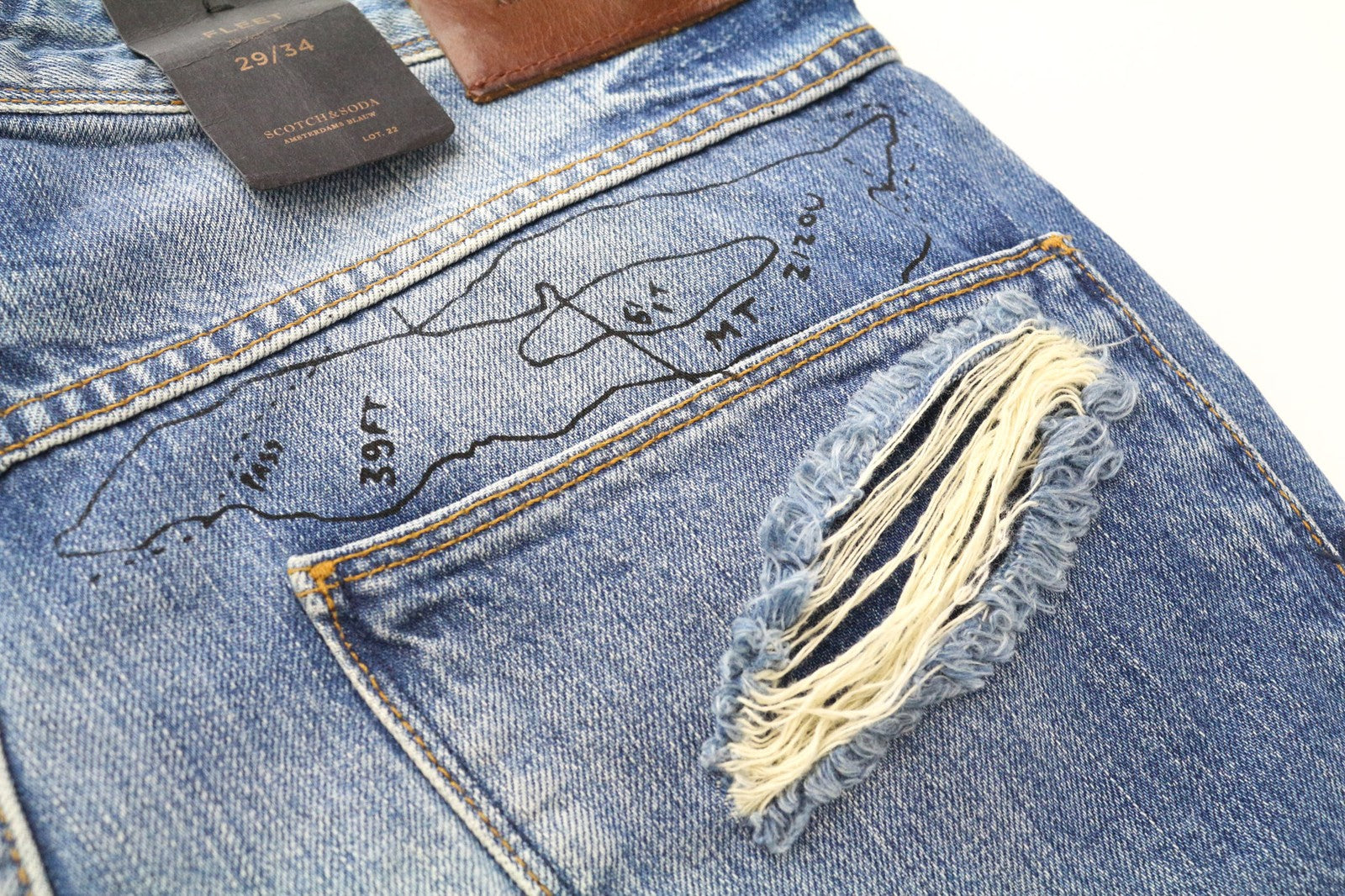 SCOTCH &amp; SODA Fleet vyriški džinsai W29/L34 3D anti-fit mėlyni, dažyti su defektais ant... 