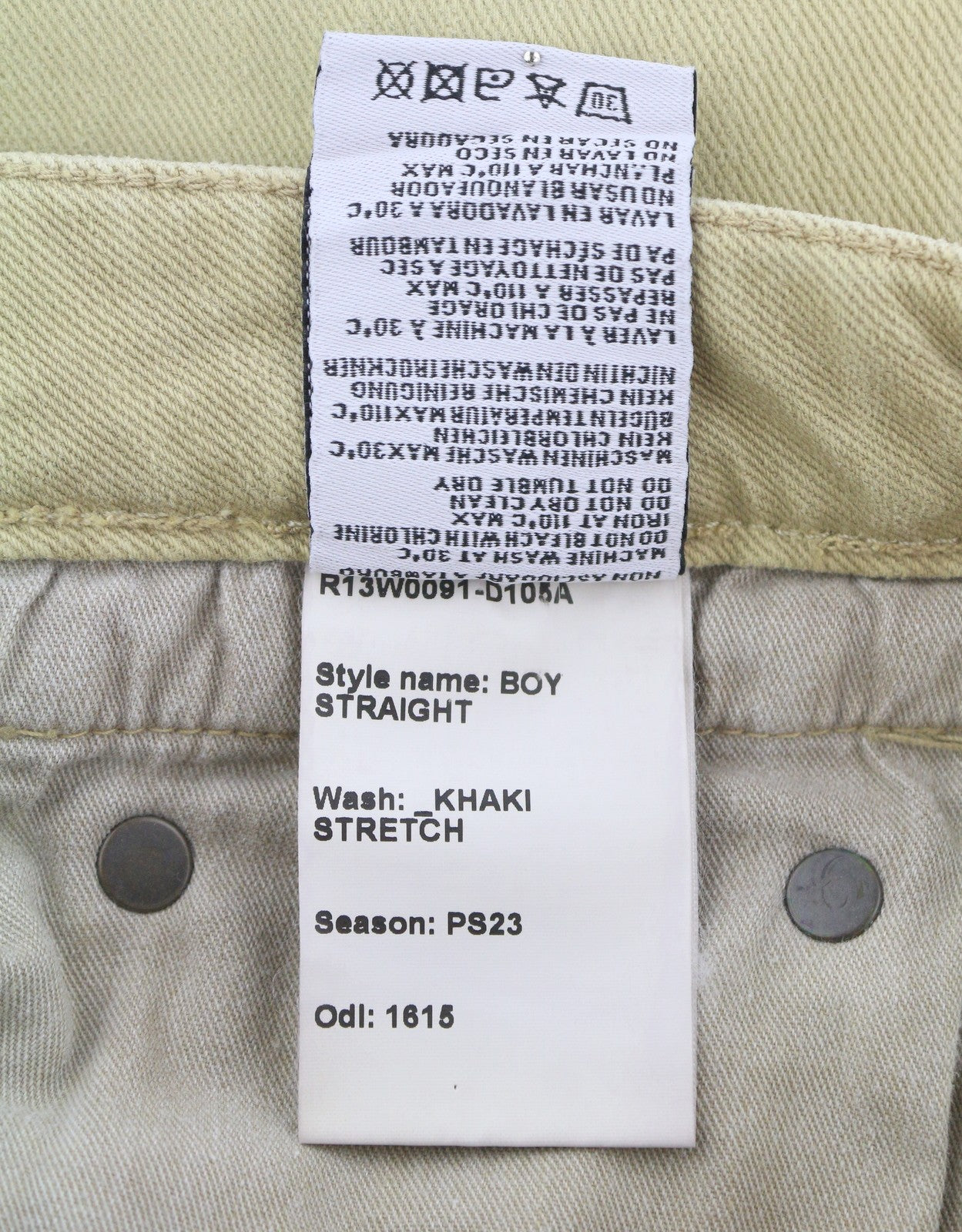 R13 berniukiški tiesūs moteriški džinsai, 24 chaki spalvos, tamprūs, blukinti, iki kulkšnių, laisvalaikio, RRP 699 € 