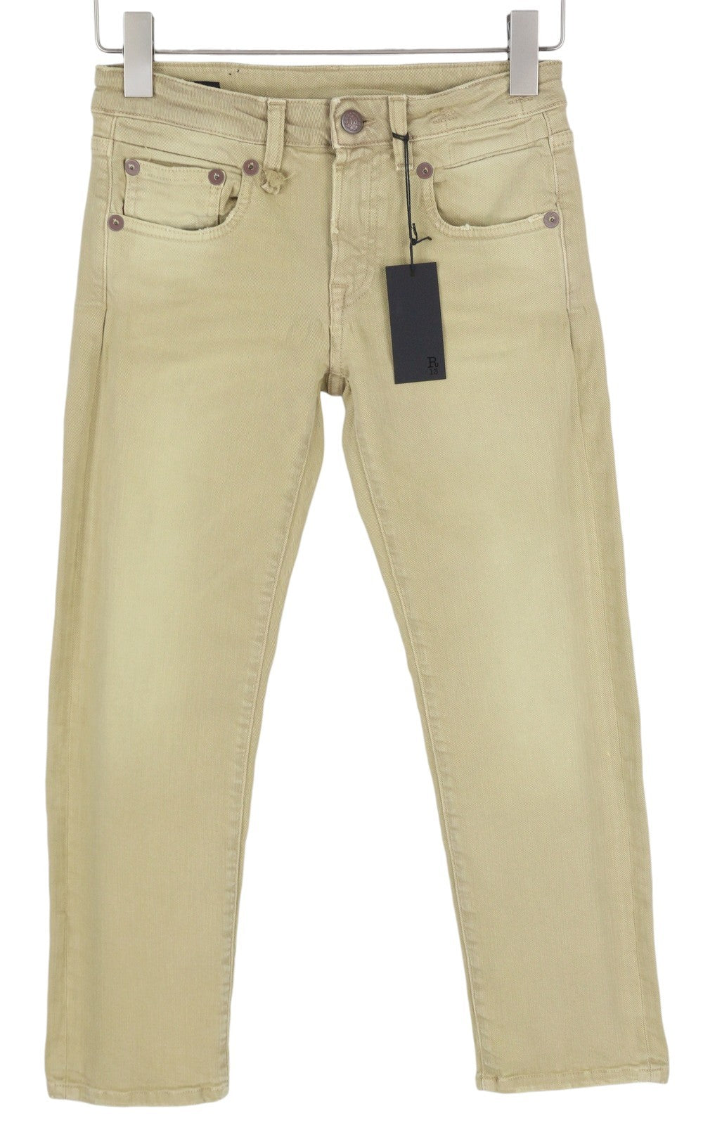 R13 berniukiški tiesūs moteriški džinsai, 24 chaki spalvos, tamprūs, blukinti, iki kulkšnių, laisvalaikio, RRP 699 € 