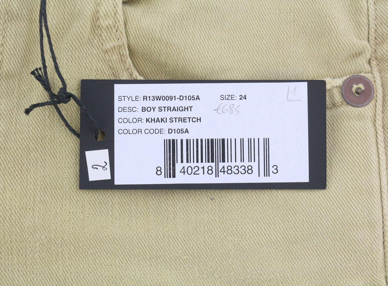 R13 berniukiški tiesūs moteriški džinsai, 24 chaki spalvos, tamprūs, blukinti, iki kulkšnių, laisvalaikio, RRP 699 € 