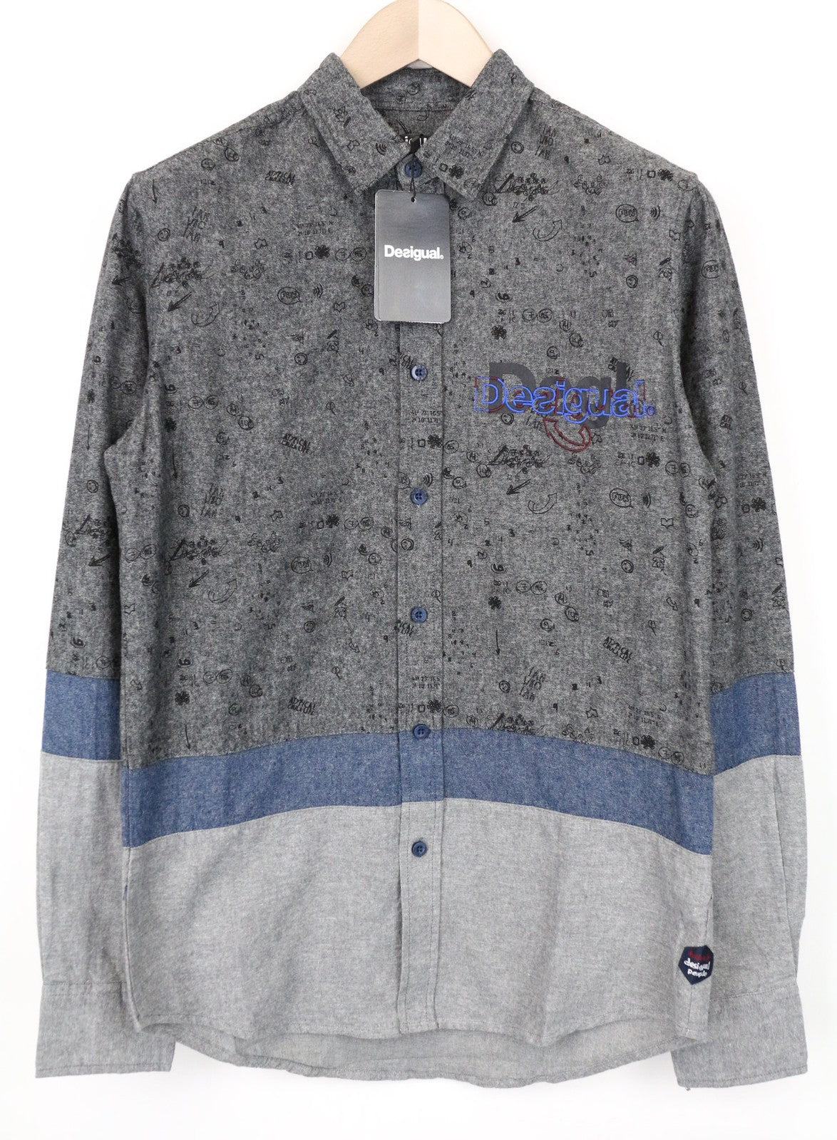 DESIGUAL Didac Men's Shirt S Grey Cotton Patterned Long Sleeve Casual Top