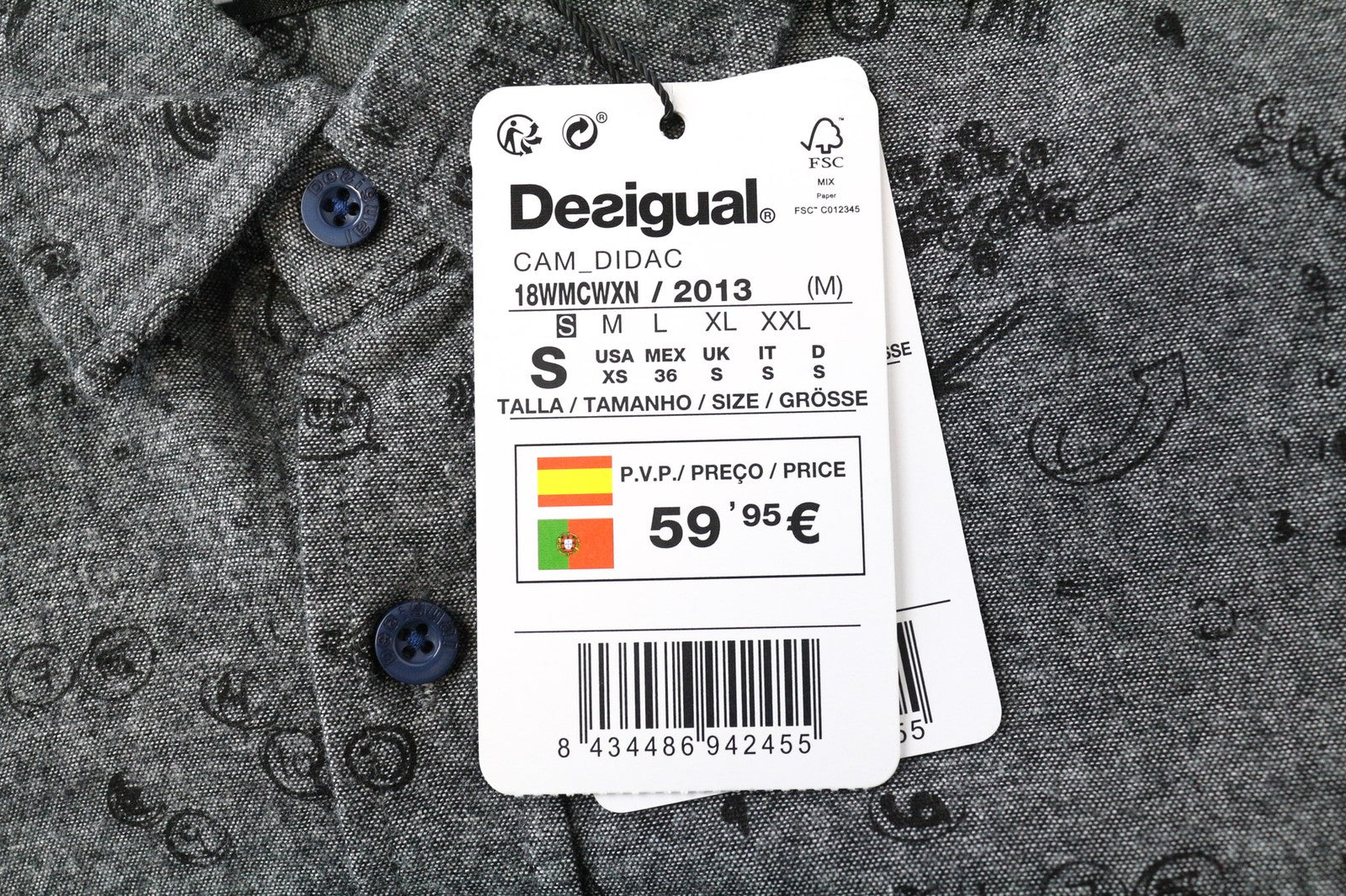 DESIGUAL Didac Men's Shirt S Grey Cotton Patterned Long Sleeve Casual Top