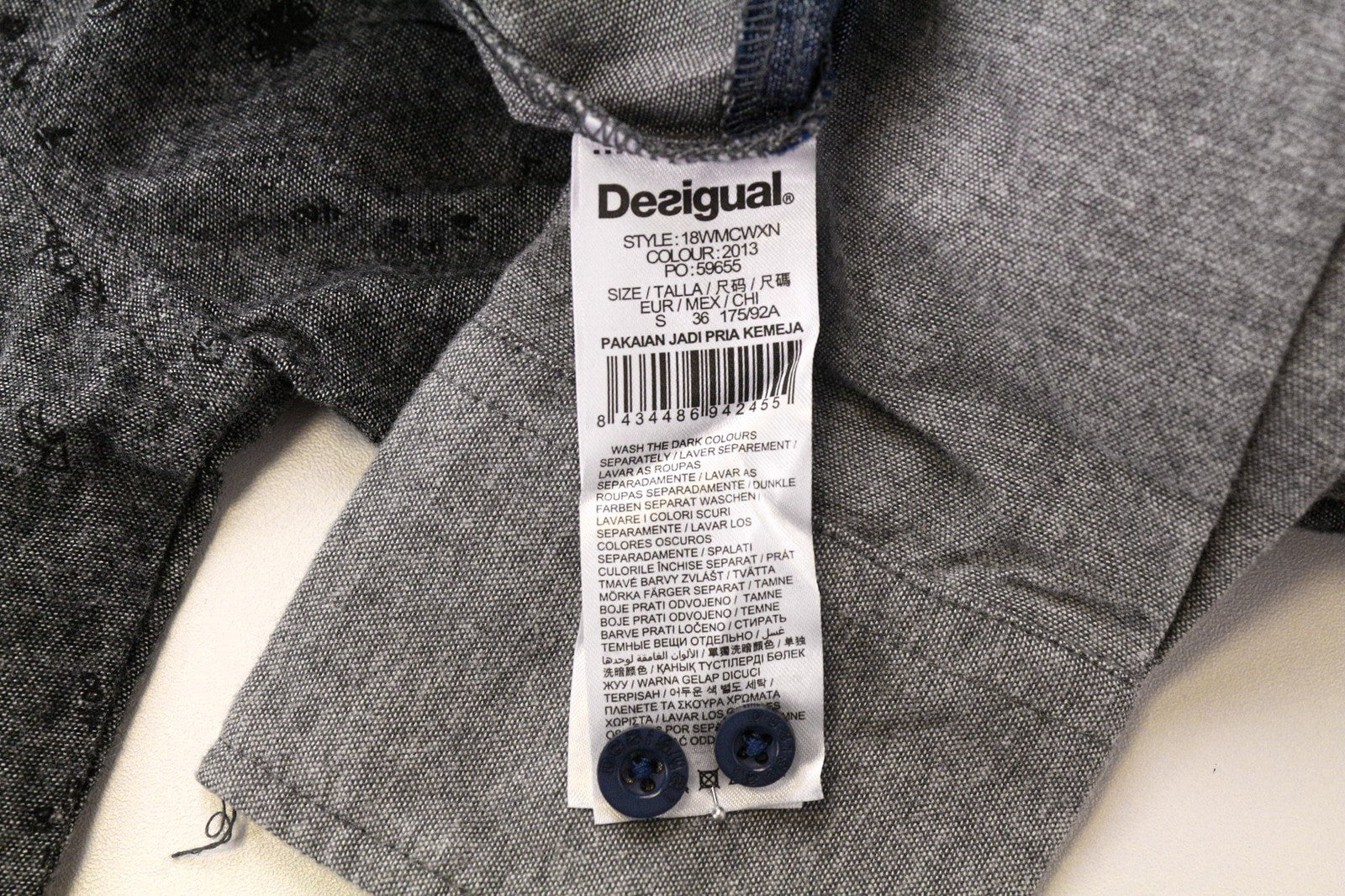 DESIGUAL Didac Men's Shirt S Grey Cotton Patterned Long Sleeve Casual Top