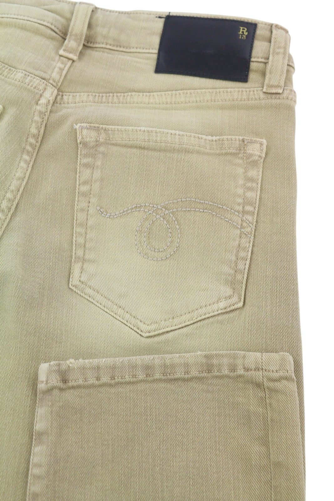 R13 Boy Straight Women Jeans 24 Khaki Stretchy Washed Ankle Length Logo RRP€699