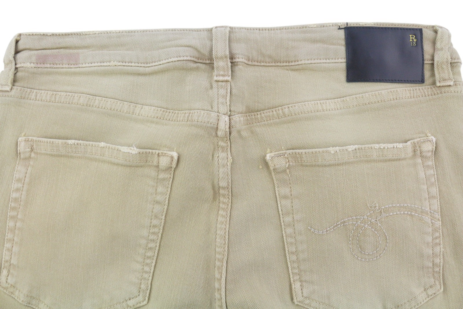 R13 berniukiški tiesūs moteriški džinsai, 30 chaki spalvos, tamprūs, blukinti, iki kulkšnių, laisvalaikio, RRP 699 € 