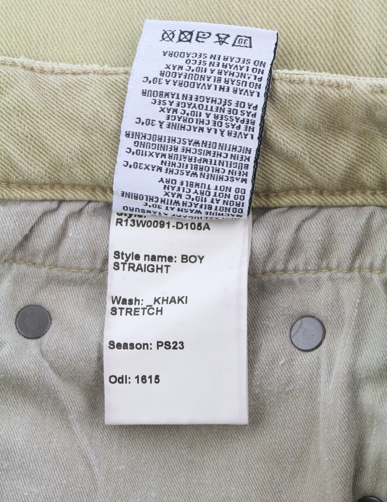 R13 berniukiški tiesūs moteriški džinsai, 30 chaki spalvos, tamprūs, blukinti, iki kulkšnių, laisvalaikio, RRP 699 € 