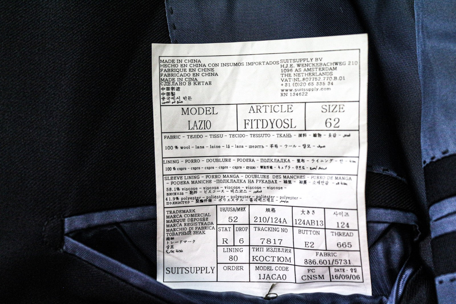 SUITSUPPLY Lazio Men's Suit UK52R Navy Blue Pure Wool 2 Piece Slim Single-Breast