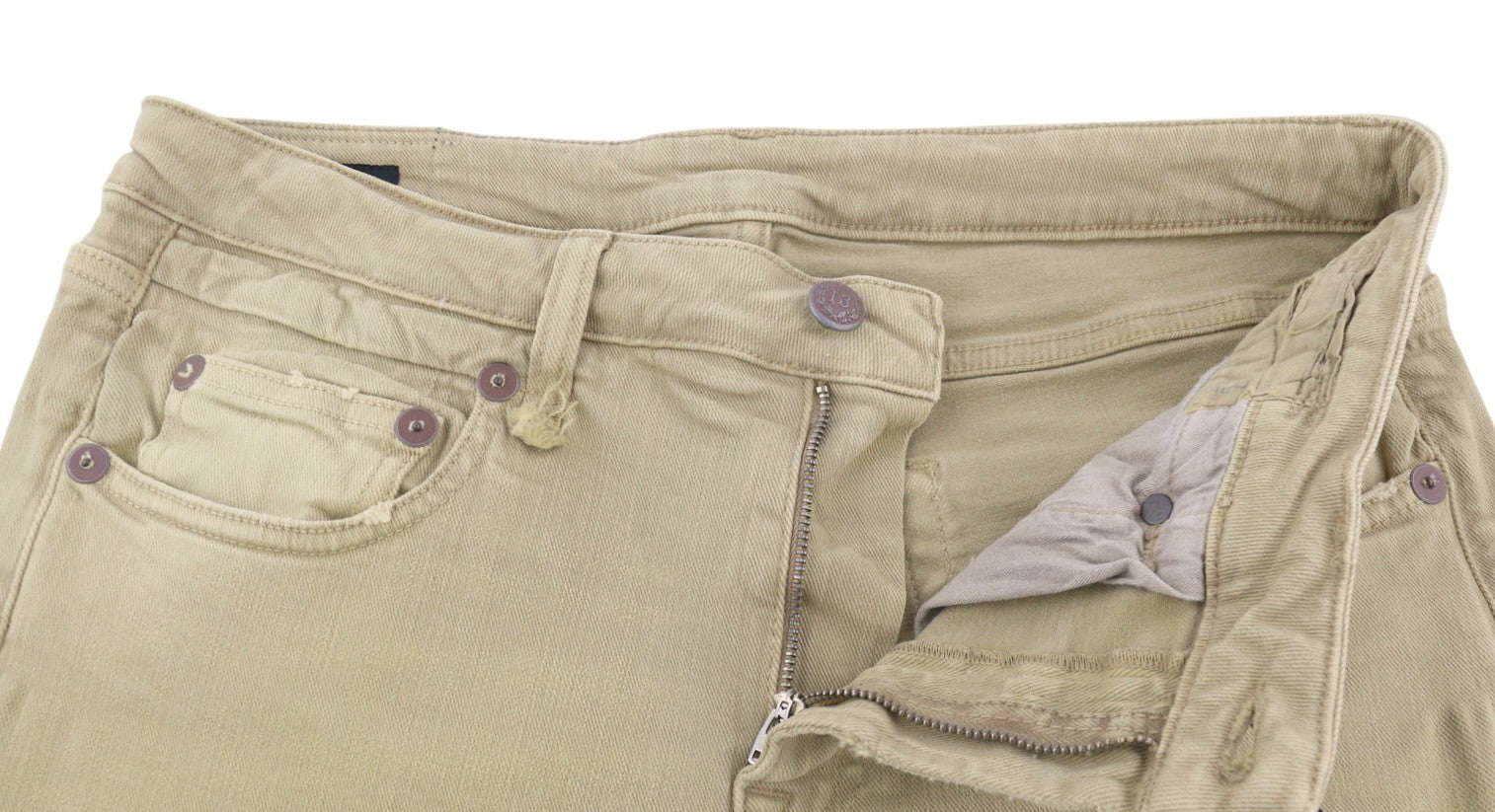 R13 berniukiški tiesūs moteriški džinsai, 31 chaki spalvos, tamprūs, išblukę, trumpinti iki kulkšnių, rekomenduojama kaina – 699 € 