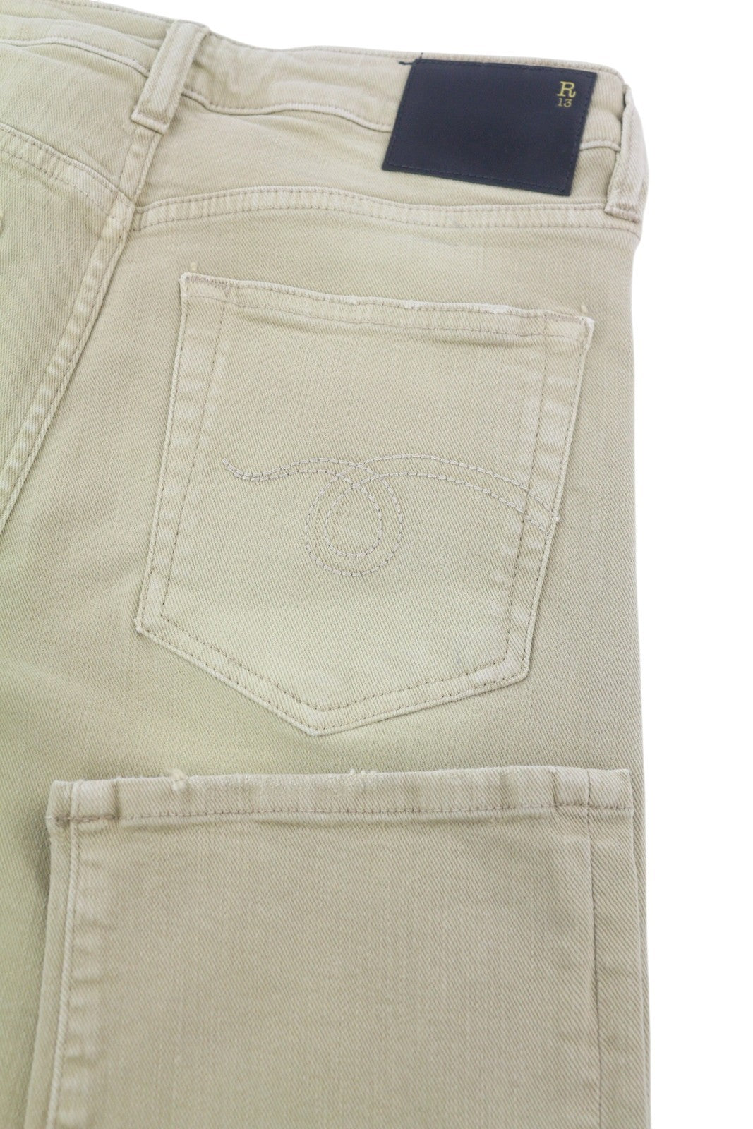 R13 Boy Straight Women Jeans 27 Khaki Stretch Washed Cropped Ankle Zip RRP€699