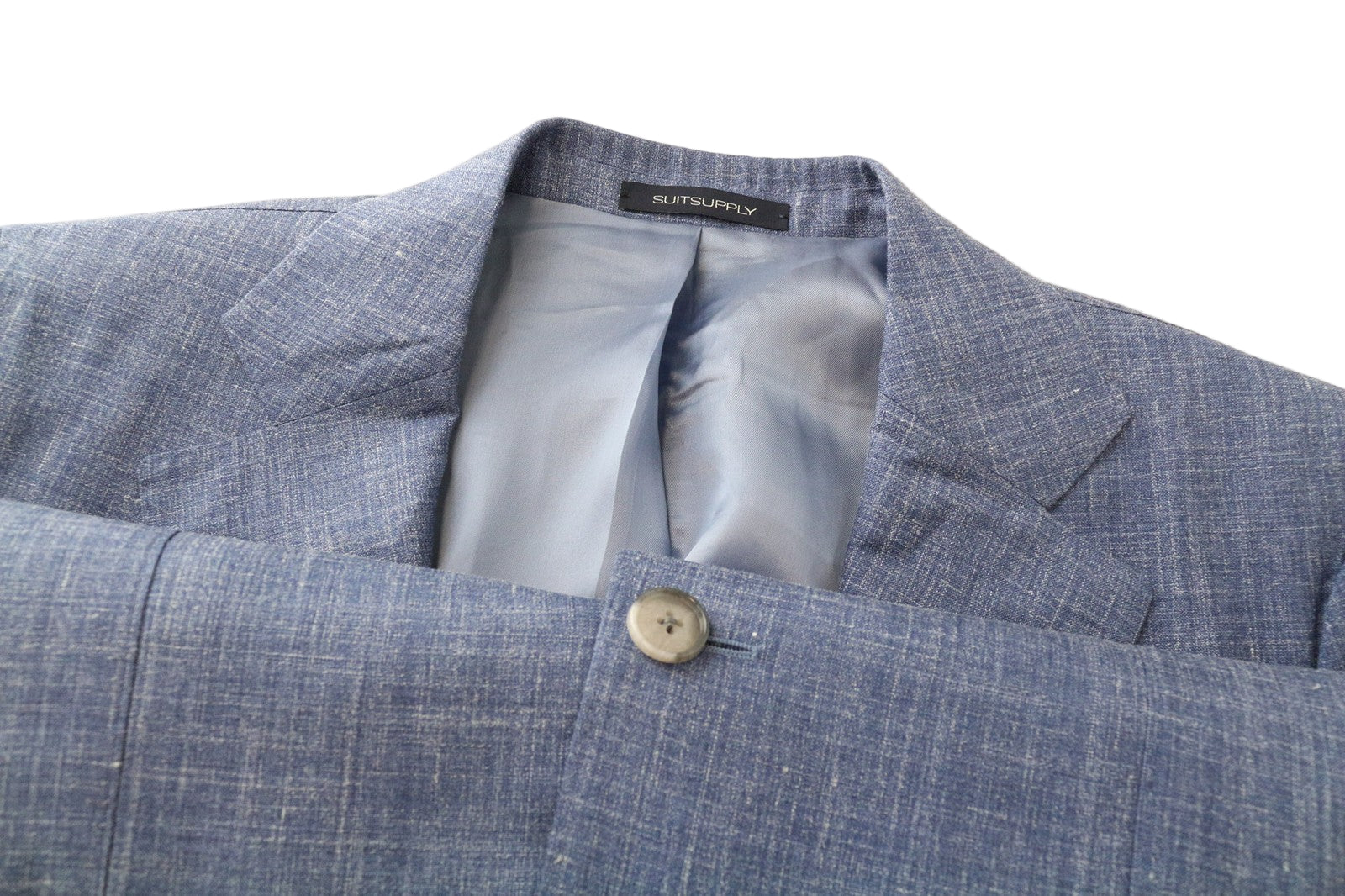 SUITSUPPLY La Spalla vyriškas švarkas UK38R mėlynas lininis šilko ir vilnos mišinio vienos krūtinės audinys 