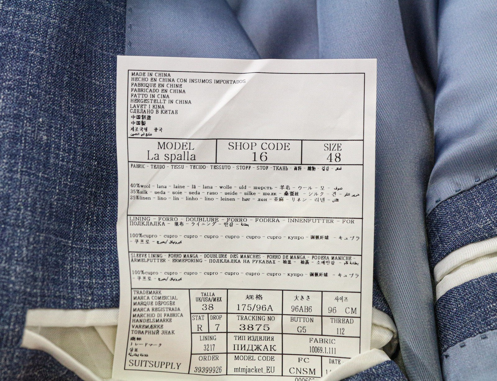 SUITSUPPLY La Spalla vyriškas švarkas UK38R mėlynas lininis šilko ir vilnos mišinio vienos krūtinės audinys 