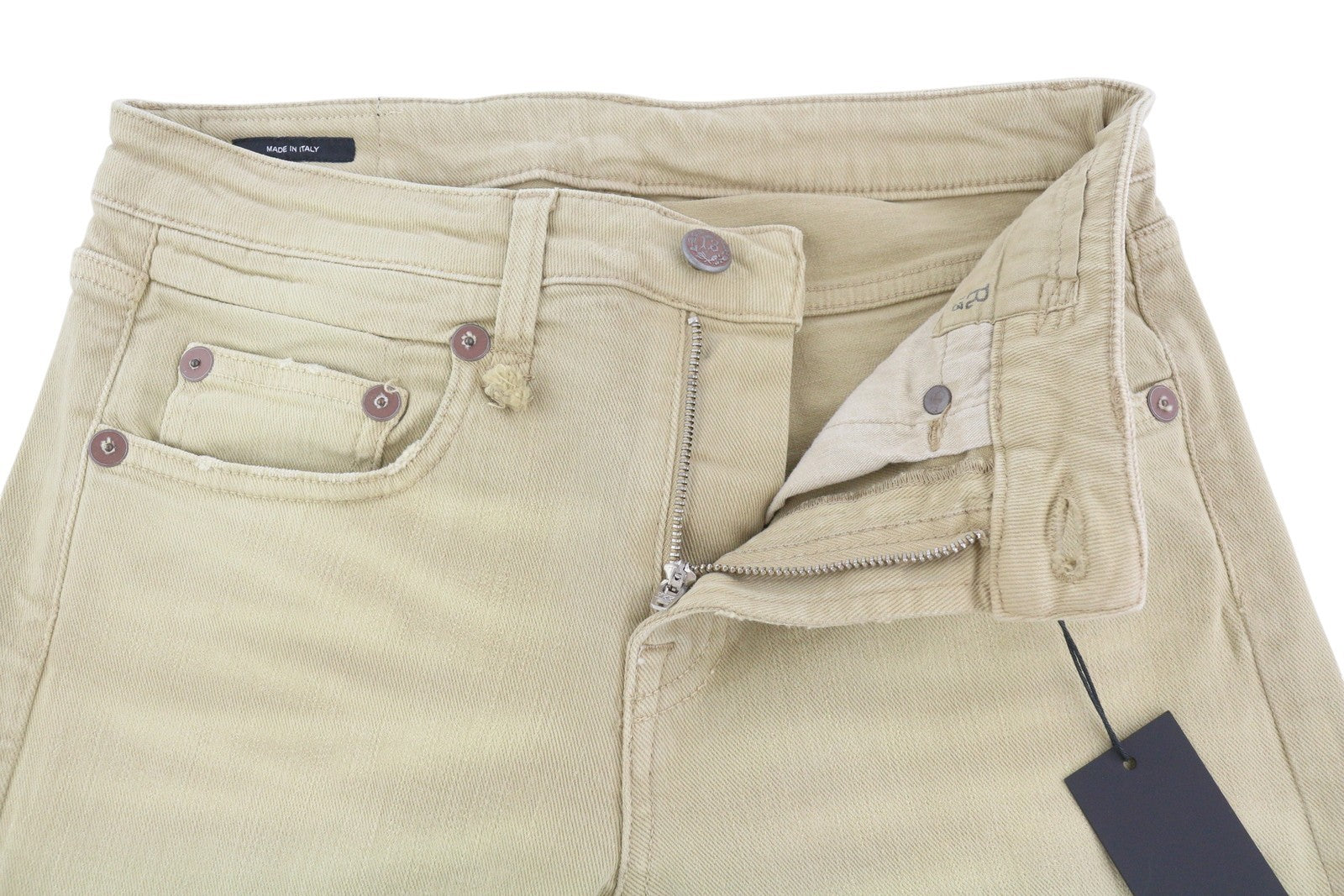 R13 berniukiški tiesūs moteriški džinsai, 26 chaki spalvos, tamprūs, išblukę, trumpinti iki kulkšnių, rekomenduojama kaina – 699 € 