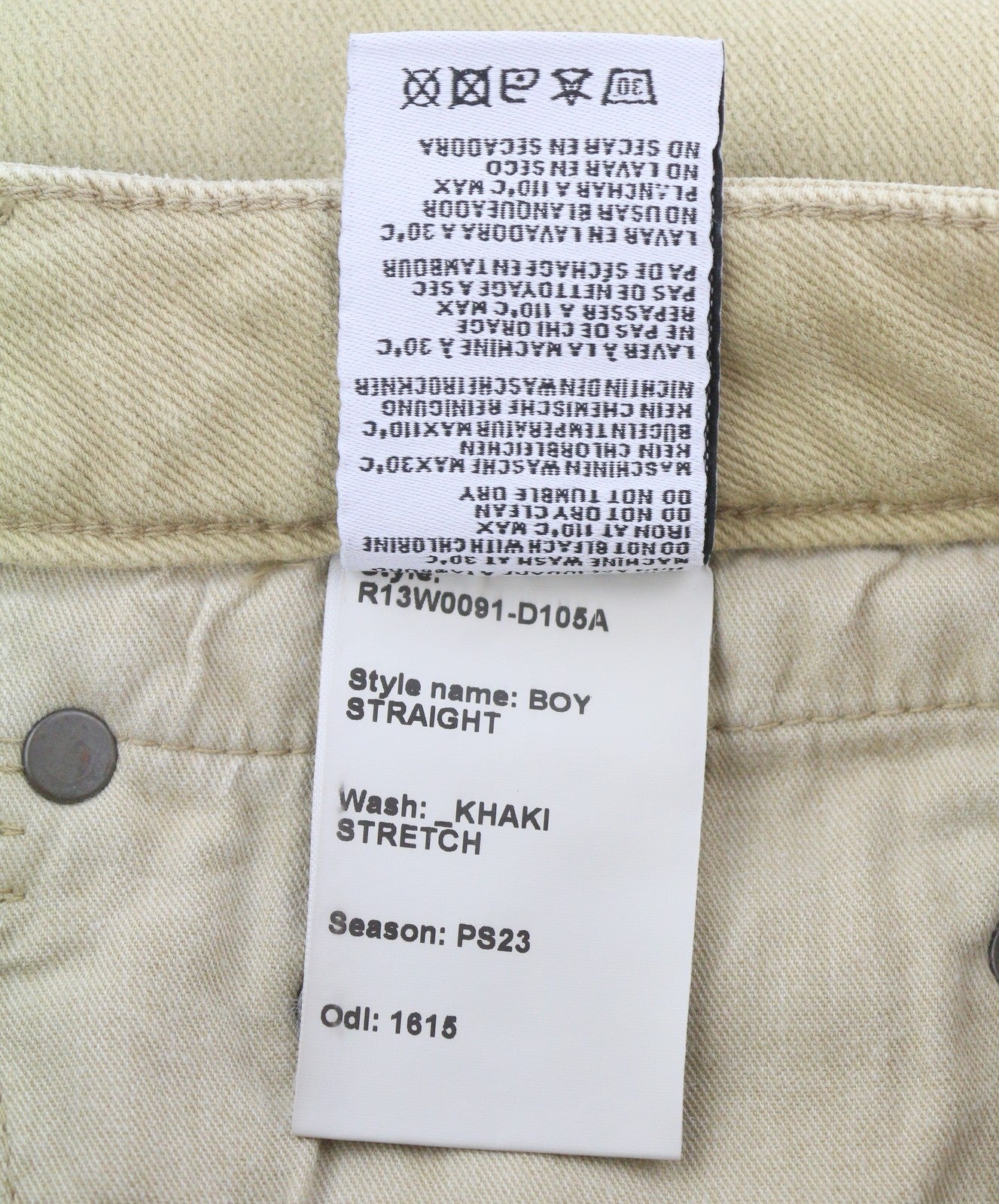 R13 berniukiški tiesūs moteriški džinsai, 26 chaki spalvos, tamprūs, išblukę, trumpinti iki kulkšnių, rekomenduojama kaina – 699 € 