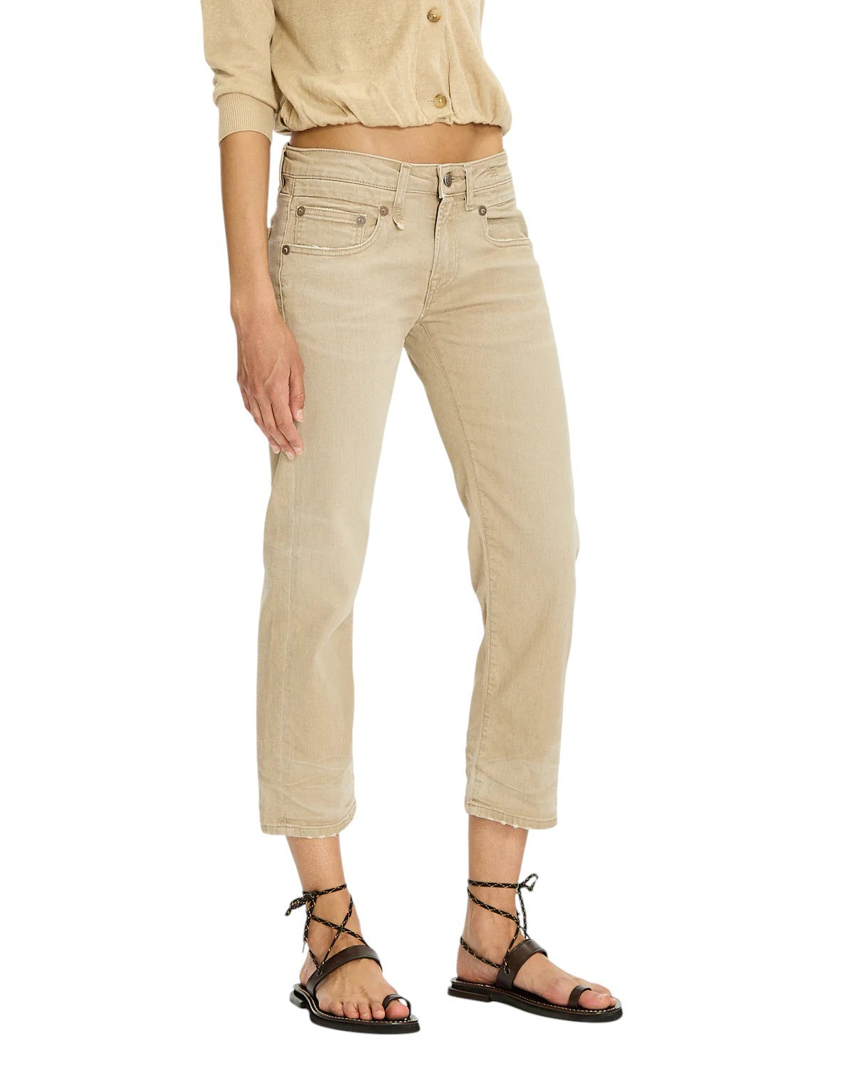 R13 Boy Straight Women Jeans 25 Khaki Stretch Washed Cropped Ankle Zip RRP€699