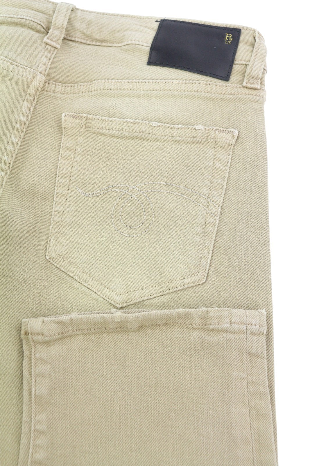 R13 Boy Straight Women Jeans 25 Khaki Stretch Washed Cropped Ankle Zip RRP€699