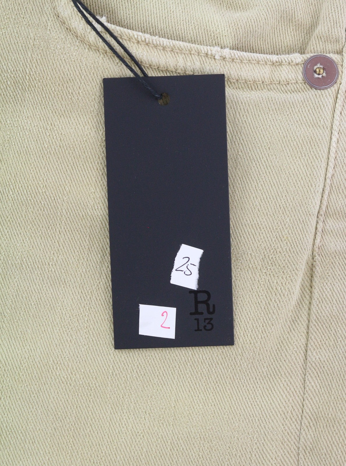 R13 Boy Straight Women Jeans 25 Khaki Stretch Washed Cropped Ankle Zip RRP€699