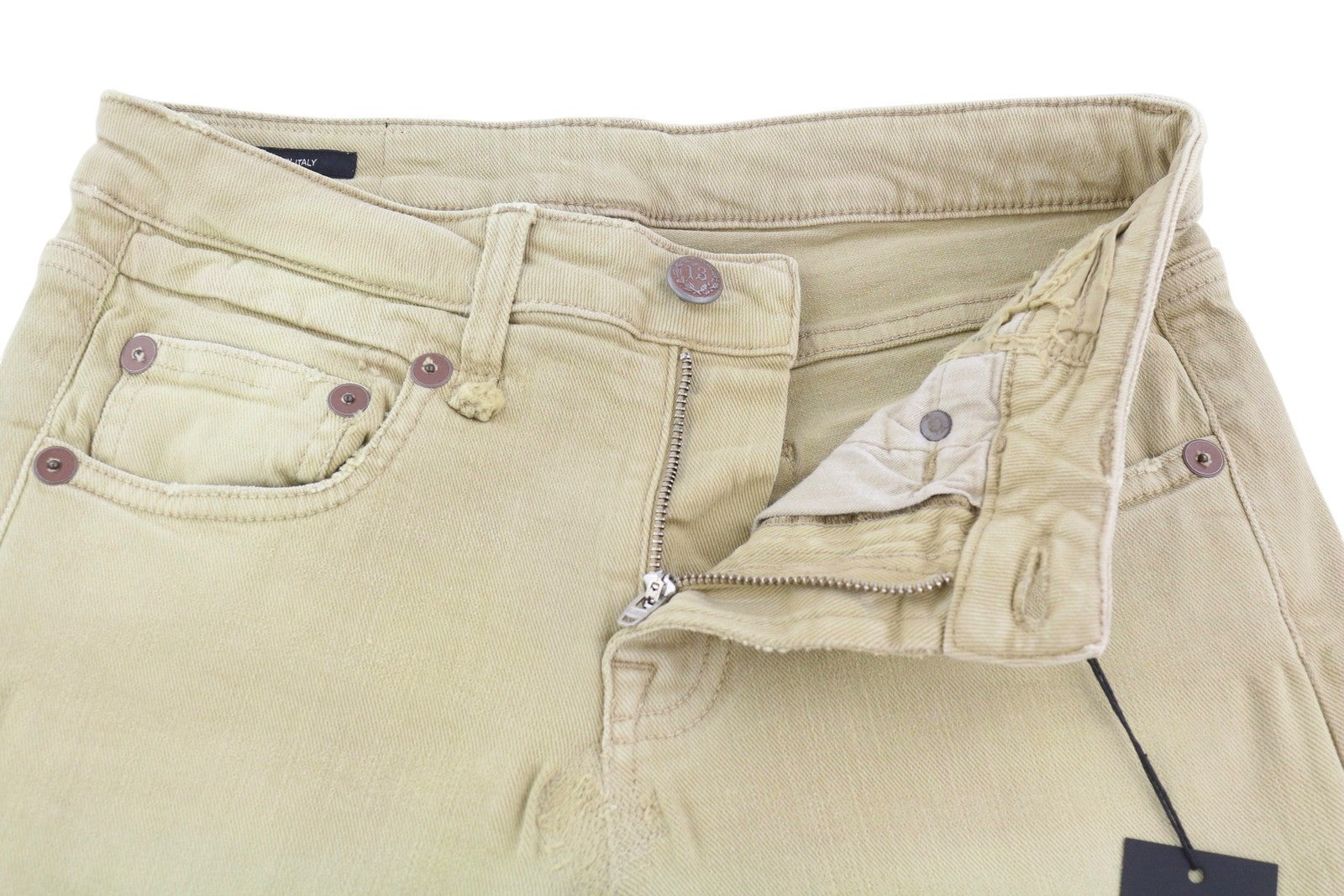 R13 berniukiški tiesūs moteriški džinsai, 25 chaki spalvos, tamprūs, išblukę, trumpi, iki kulkšnių, rekomenduojama kaina – 699 € 