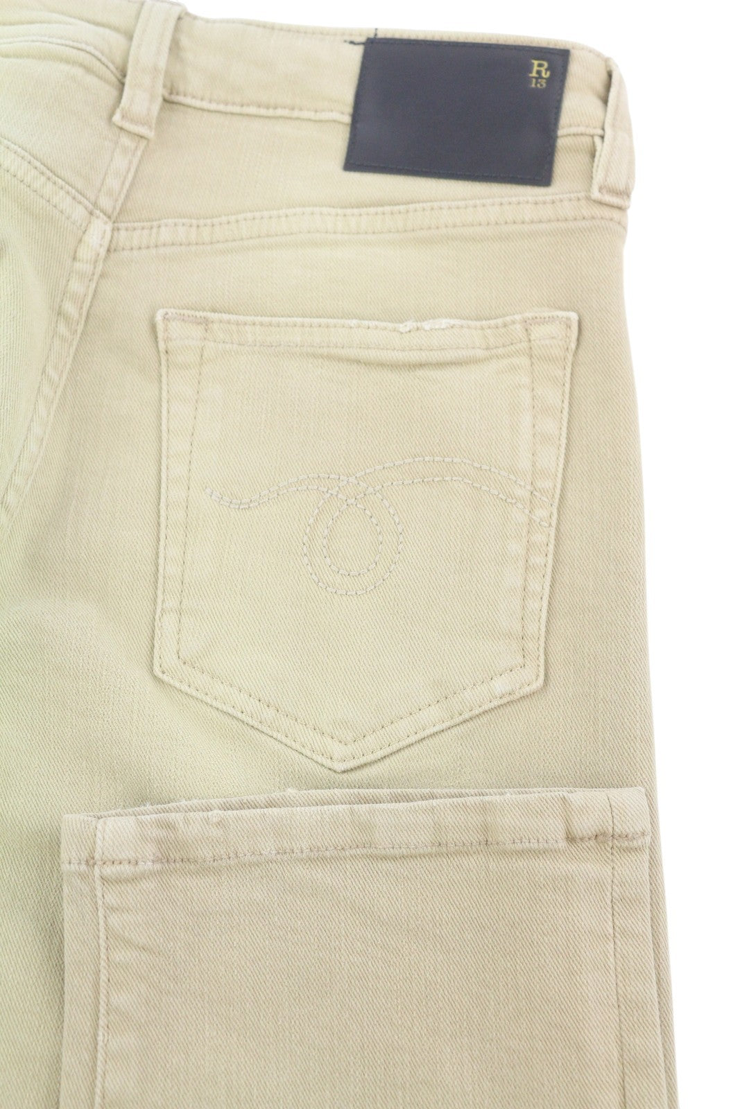 R13 Boy Straight Women Jeans 24 Khaki Stretch Washed Cropped Ankle Zip RRP€699